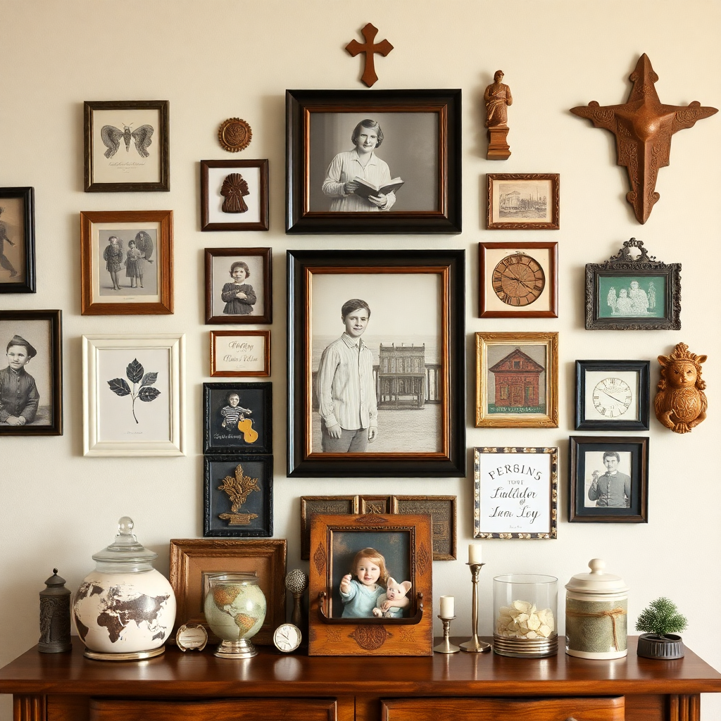 collection of family memorabilia and keepsakes arranged artistically