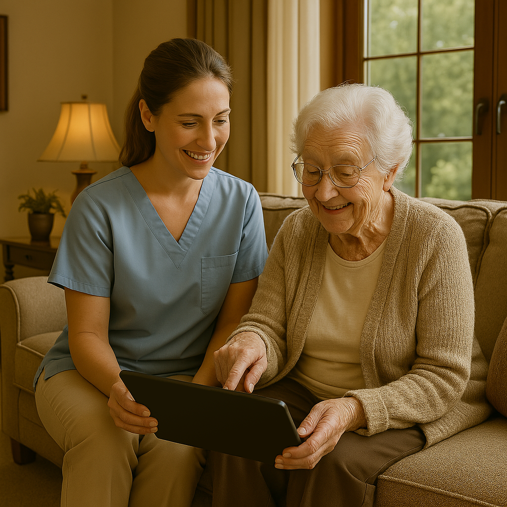 Caregiver and elderly woman smiling and looking at a tablet